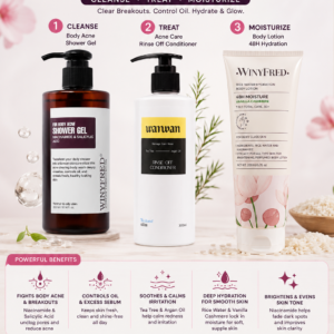 Wanwan Acne Care & Skin Brightening Combo 3 in 1 Offer | Body Acne Shower Gel + Rinse Off Conditioner + Rice Water Hydration Body Lotion
